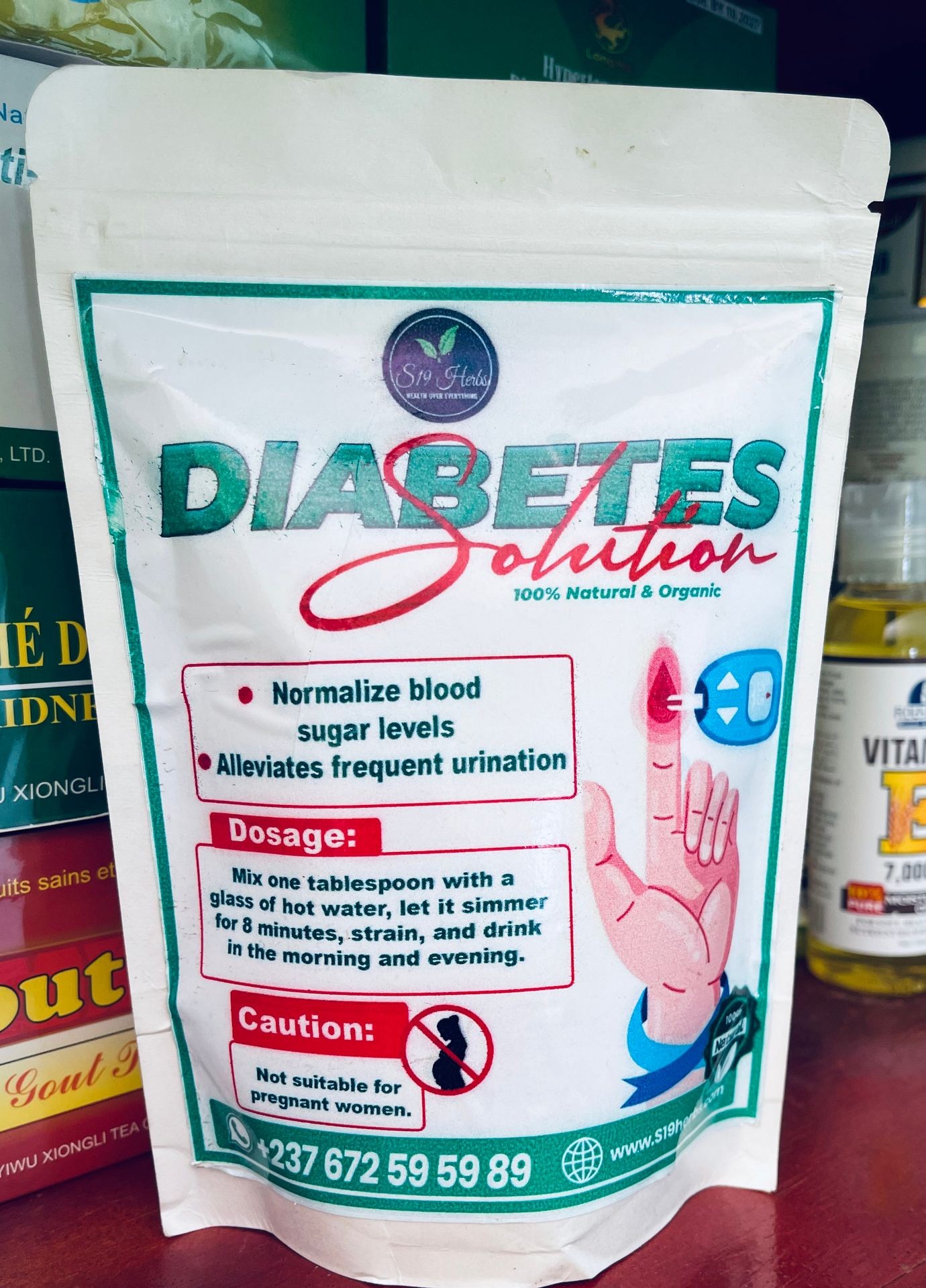 Package labeled 'Diabetes Solution' with dosage instructions and warning for pregnant women.