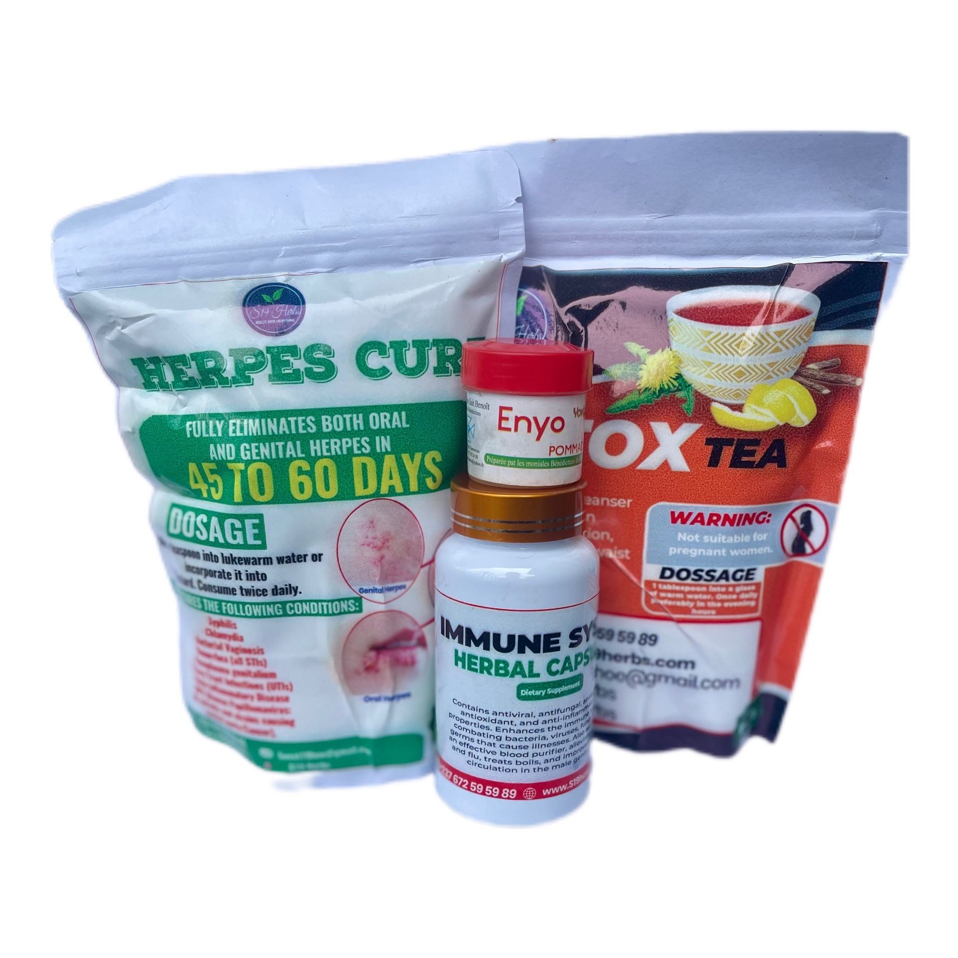 Assorted herbal supplement packages, including Herpes Cure and Detox Tea.