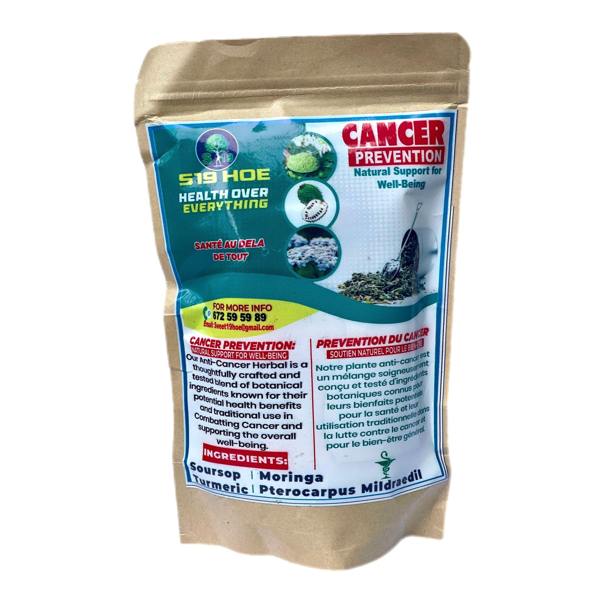 Herbal supplement package labeled 'Cancer Prevention' with ingredients and contact info.