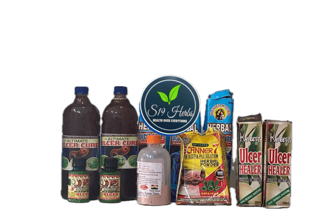 Collection of various herbal medicine products, including bottles and packages labeled for ulcer cure and health solutions.